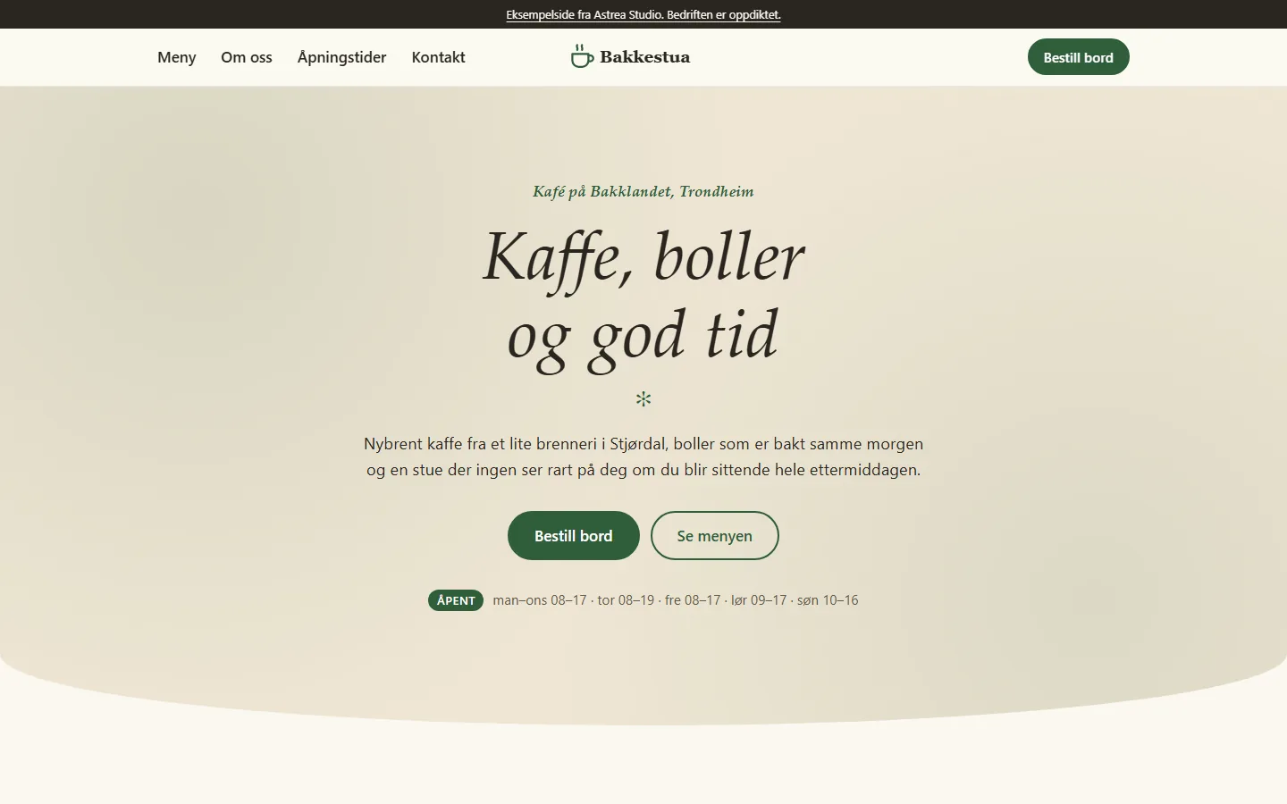 Skjermbilde av eksempelsiden Bakkestua Kafé